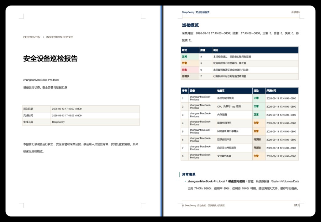 安全设备巡检报告 · 封面 + 概览 + 异常清单